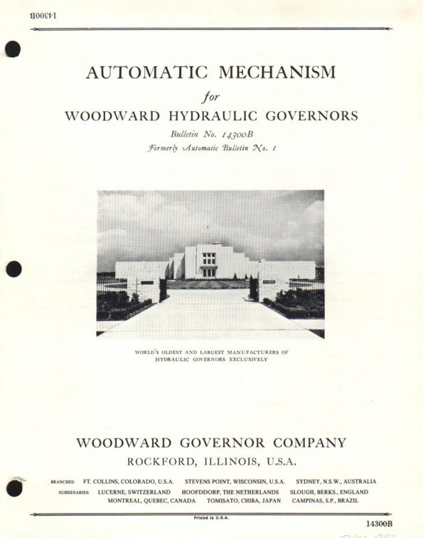WOODWARD AUTOMATIC MECHANISM FOR HYDRO GOVERNORS  No  14300B